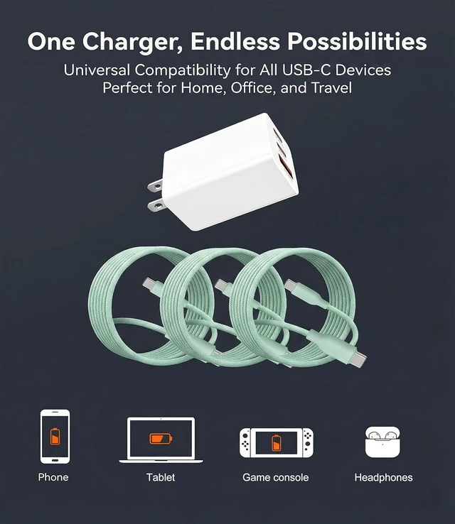 Alt view image 7 of 7 - 65W USB C Fast Charger 3-Port PD Charger 3 Cables Green