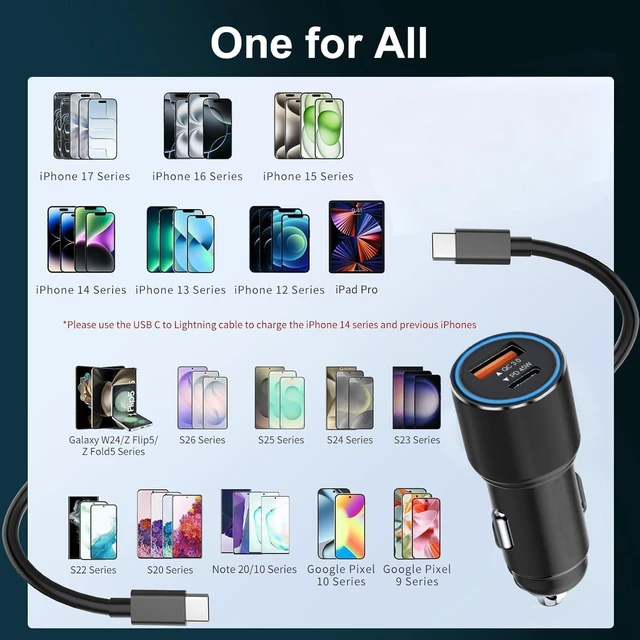 Alt view image 7 of 7 - 63W USB C Car Charger with Cable for Google Pixel 10 Pro XL 10A 9 9A 8 8A 7 6 5 Galaxy A24 A14 A53 5G A33 A23 A13 A52 A32 A42 A04 A05 A06 Z Filp 4 5 6 7 12V Cigarette Lighter Adapter USB C 45W