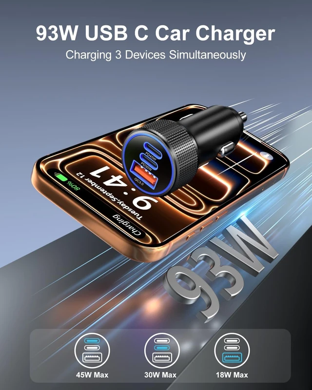 Alt view image 2 of 7 - 93W USB C Car Charger 45W Super Fast Charging 2.0 Type C 3-Port Cigarette Lighter Adapter with 6ft USB-C Charger Cable for Galaxy S26 Ultra S25 FE S24 S22 iPhone 18 17 16 15 Pro Max