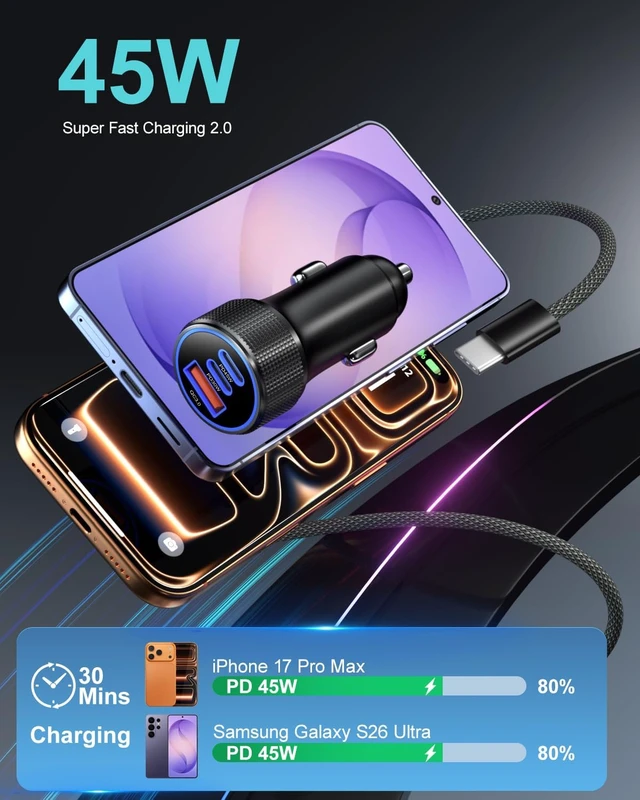 Alt view image 3 of 7 - 93W USB C Car Charger 45W Super Fast Charging 2.0 Type C 3-Port Cigarette Lighter Adapter with 6ft USB-C Charger Cable for Galaxy S26 Ultra S25 FE S24 S22 iPhone 18 17 16 15 Pro Max