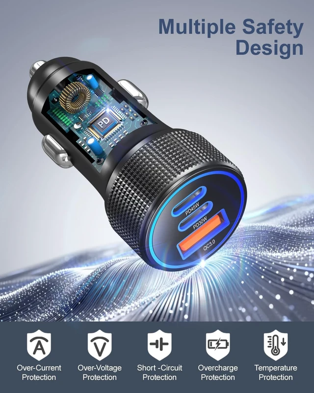 Alt view image 5 of 7 - 93W USB C Car Charger 45W Super Fast Charging 2.0 Type C 3-Port Cigarette Lighter Adapter with 6ft USB-C Charger Cable for Galaxy S26 Ultra S25 FE S24 S22 iPhone 18 17 16 15 Pro Max