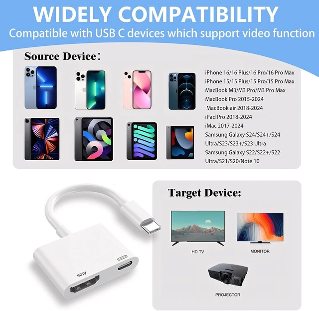 Alt view image 2 of 7 - USB C to HDMI for TV 4K@60Hz Type C to Adapter with Charging Port iPhone to Hdmi to USB C Adapter Compatible for iPhone 16/15 Series/iPad Pro/Galaxy/MacBook Pro to HDTV Projector