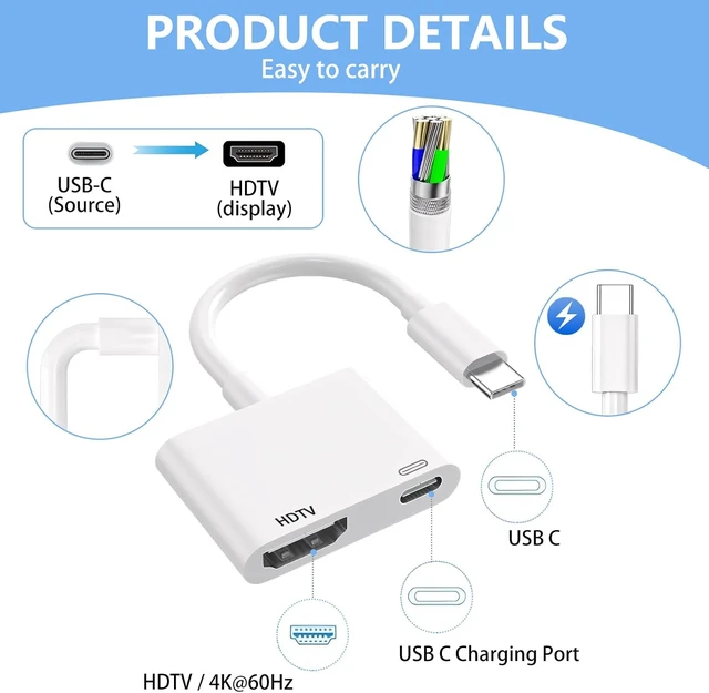Alt view image 3 of 7 - USB C to HDMI for TV 4K@60Hz Type C to Adapter with Charging Port iPhone to Hdmi to USB C Adapter Compatible for iPhone 16/15 Series/iPad Pro/Galaxy/MacBook Pro to HDTV Projector