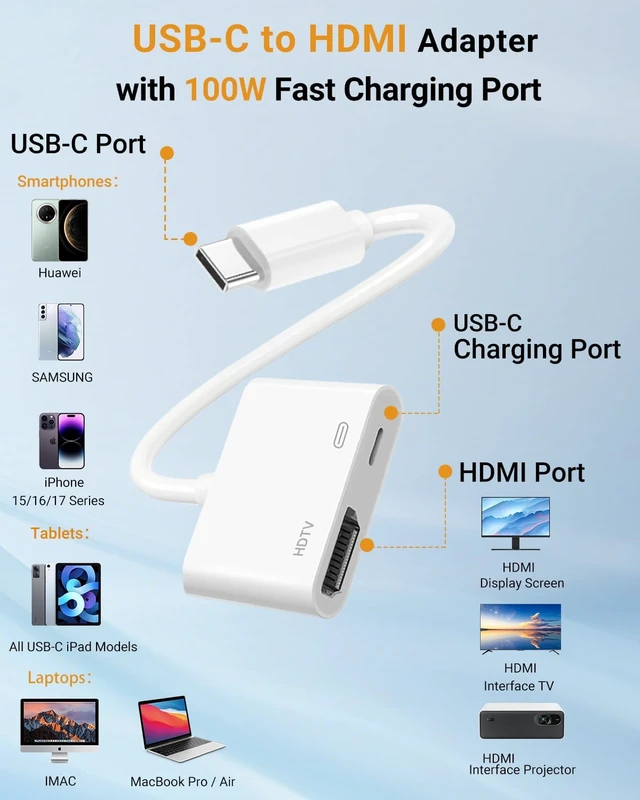 Alt view image 2 of 7 - USB C to HDMI Adapter Type C to 4K HDMI Adapter with 100W PD Multiport Digital AV Converter for MacBook Pro/air iPad Pro/air iPhone 15/16/17 Tablets Switch and More USB-C Devices