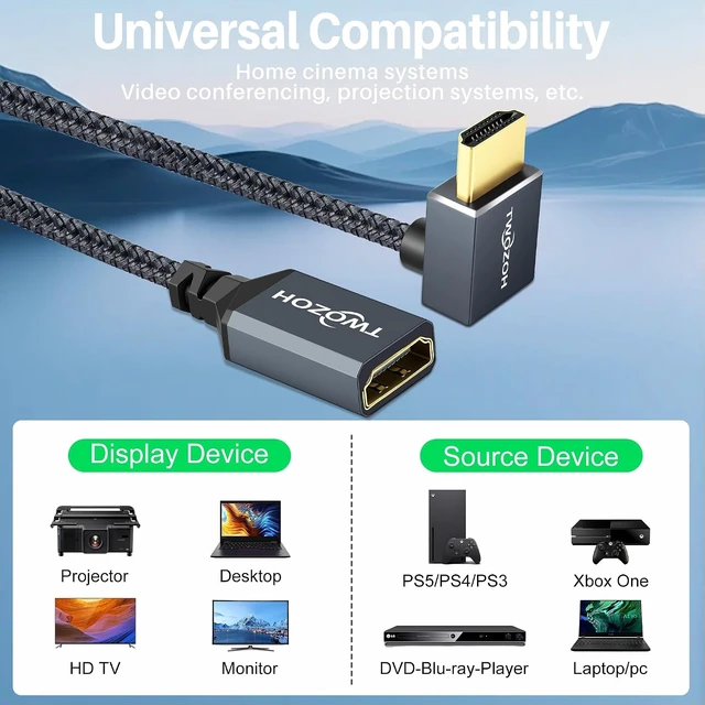 Alt view image 4 of 7 - HDMI Extension Cable 1FT 90 Degree Down Angle Male to Female Cord HDMI 2.0 Cable Adapter Support 4K@60Hz 3D HDR