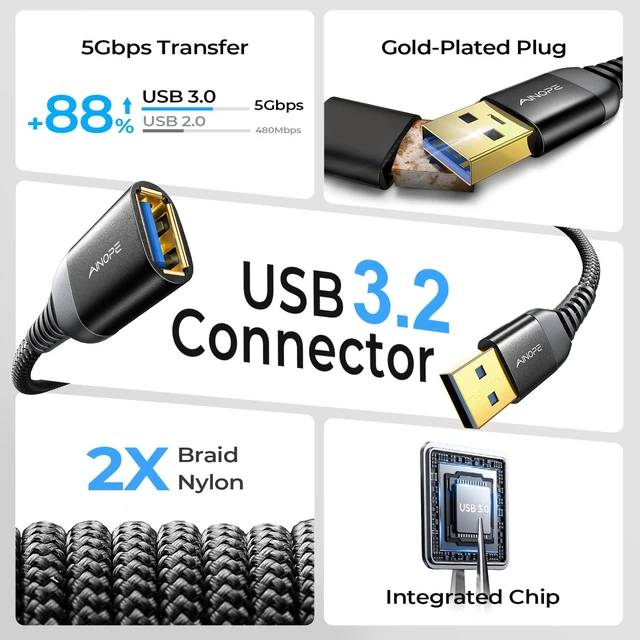Alt view image 7 of 7 - USB Extension Cable 10FT USB 3.0 Extender Male to Female Cord Black