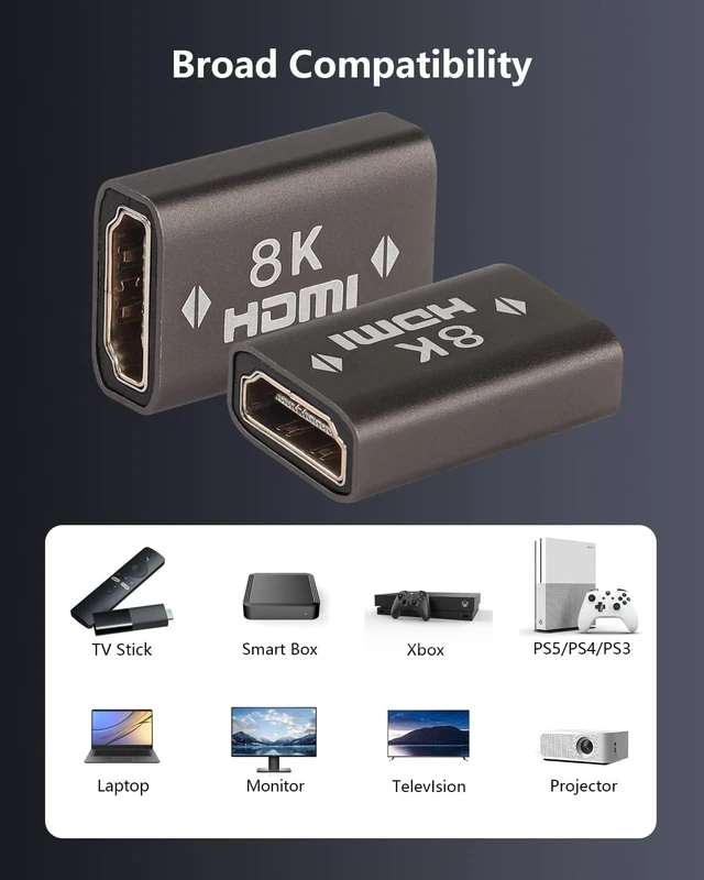 Alt view image 6 of 7 - 8K HDMI Coupler HDMI 2.1 Female to Female Adapter HDMI Extender Connector Converter Supports 8K@60Hz 4K@120Hz 3D for Monitors Laptop Projector(2-Pack)