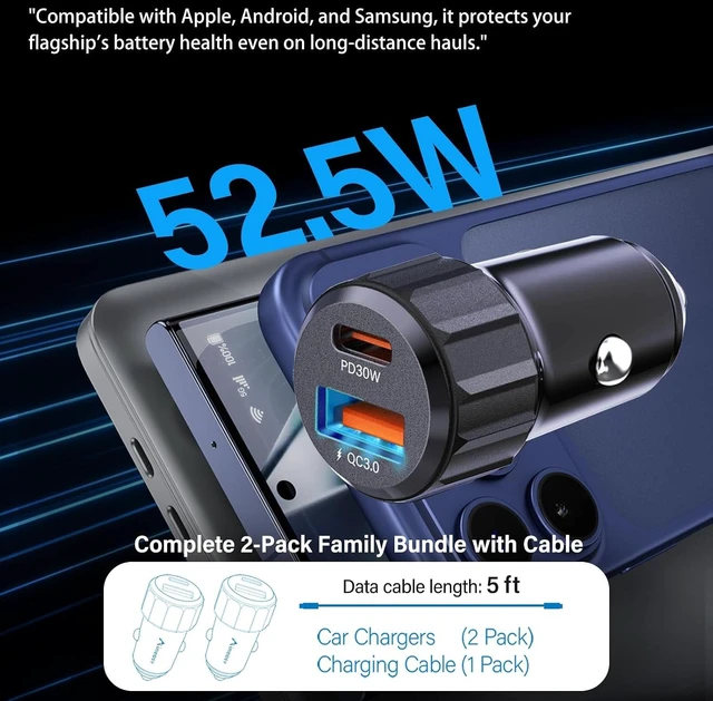 Alt view image 3 of 7 - USB C Car Charger 2-Pack 52.5W Cigarette Lighter USB Adapter