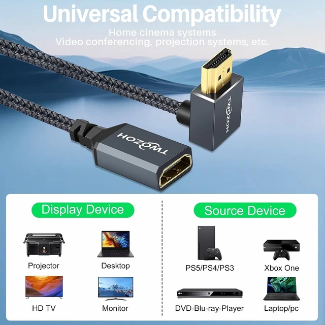 Alt view image 4 of 7 - HDMI Extension Cable 3.3FT 90 Degree Up Angle Male to Female Cord HDMI 2.0 Cable Adapter Support 4K@60Hz 3D HDR