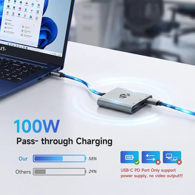 Alt view image 4 of 7 - NIMO 3-in-1 USB C Hub, Portable Adapter Multiport Accessories with 4K HDMI Output, 100W PD Fast Charging, USB 3.0 Port, Plug and Play Digital AV Converter for Switch, Tablets, Monitor and More
