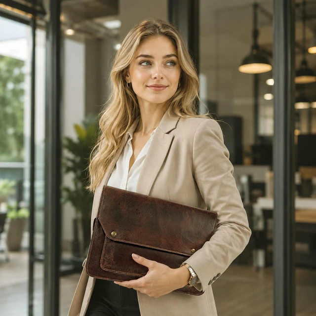 Alt view image 3 of 7 - Premium Full Grain Leather Document Portfolio Professional File Organizer with Laptop Sleeve MacBook Air Case Fits 13-15 Inch Laptops Tablets (Brown)
