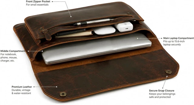 Alt view image 6 of 7 - Premium Full Grain Leather Document Portfolio Professional File Organizer with Laptop Sleeve MacBook Air Case Fits 13-15 Inch Laptops Tablets (Brown)