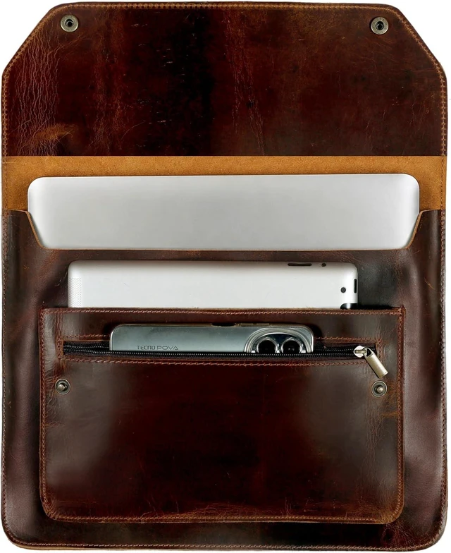 Alt view image 7 of 7 - Premium Full Grain Leather Document Portfolio Professional File Organizer with Laptop Sleeve MacBook Air Case Fits 13-15 Inch Laptops Tablets (Brown)