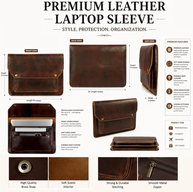 Alt view image 2 of 7 - Premium Full Grain Leather Document Portfolio Professional File Organizer with Laptop Sleeve MacBook Air Case Fits 13-15 Inch Laptops Tablets (Brown)