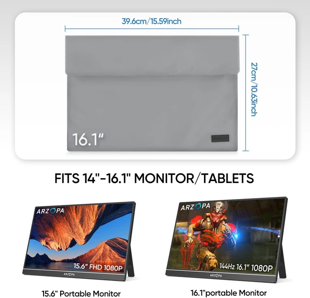 Alt view image 3 of 6 - 16.1 Portable Monitor Sleeve Bag PU Leather Case for Travel Monitor Laptop Grey