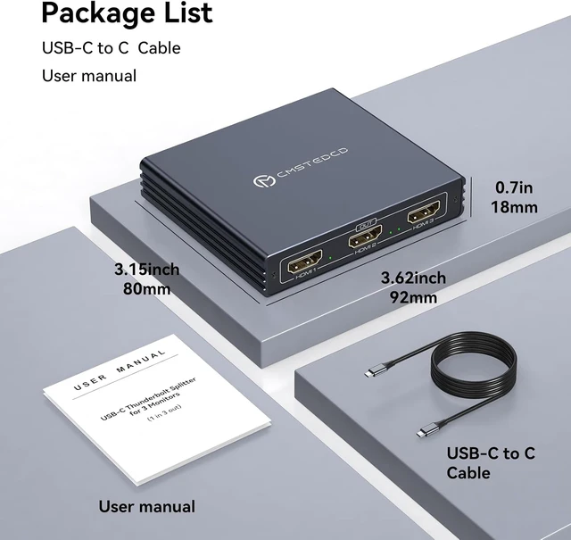 Alt view image 7 of 7 - USB C to 3 HDMI Adapter with 100W PD USB C to HDMI Splitter 1 in 3 Out 4K60Hz Support Extended on Windows for Thunderbolt 3 or Above Port