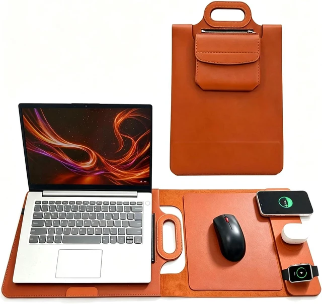 Main image of Wireless Charging Laptop Bag for 16-Inch Laptops Foldable Desk Mat Brown