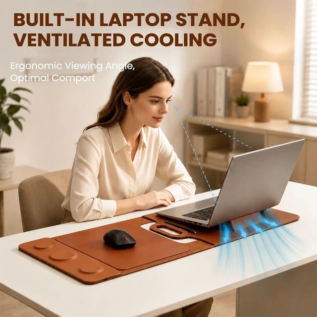 Alt view image 4 of 7 - Wireless Charging Laptop Bag for 16-Inch Laptops Foldable Desk Mat Brown