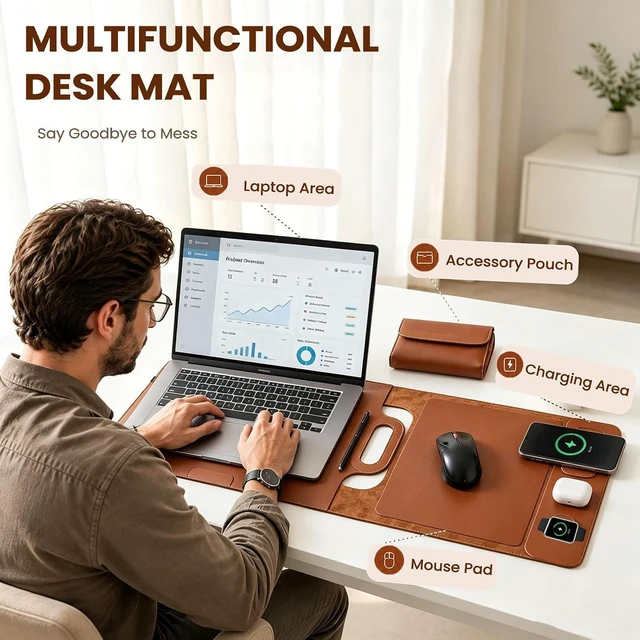 Alt view image 3 of 7 - Wireless Charging Laptop Bag for 16-Inch Laptops Foldable Desk Mat Brown