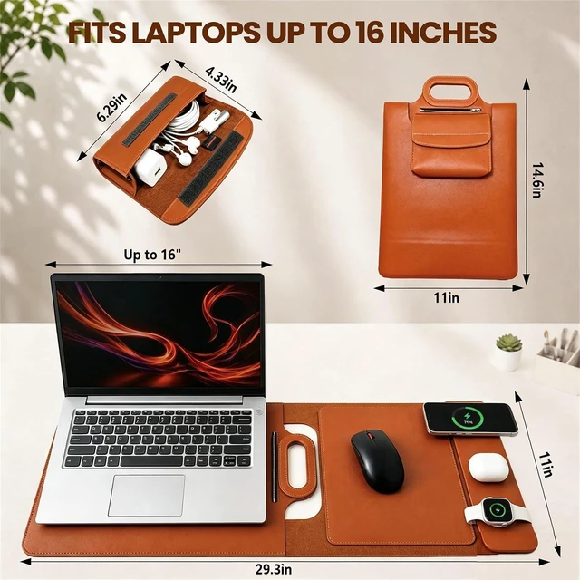 Alt view image 2 of 7 - Wireless Charging Laptop Bag for 16-Inch Laptops Foldable Desk Mat Brown