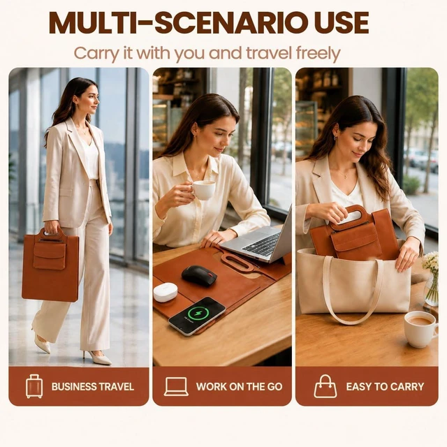 Alt view image 7 of 7 - Wireless Charging Laptop Bag for 16-Inch Laptops Foldable Desk Mat Brown