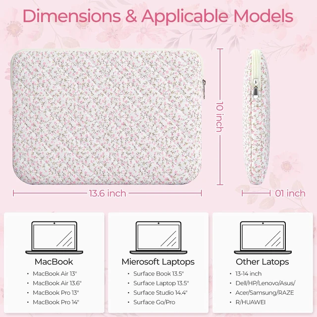 Alt view image 2 of 7 - 13-14 inch Cotton Quilted Laptop Sleeve for Women Aesthetic Puffy Laptop Case Carrying Bag Compatible with MacBook Air/Pro 13/Pro 14 Soft Computer Liner Bag (Pink Floral 13.3 inch)
