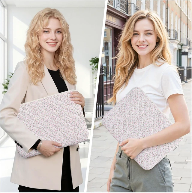 Alt view image 7 of 7 - 13-14 inch Cotton Quilted Laptop Sleeve for Women Aesthetic Puffy Laptop Case Carrying Bag Compatible with MacBook Air/Pro 13/Pro 14 Soft Computer Liner Bag (Pink Floral 13.3 inch)