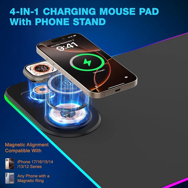 Alt view image 2 of 7 - Gaming Mouse Pad Wireless Charging - Desk Mat Magnetic Foldable Phone Stand