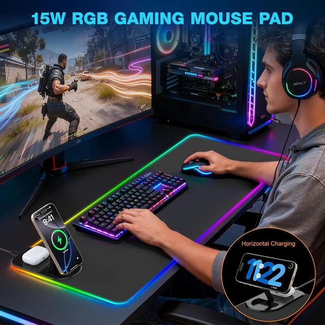 Alt view image 7 of 7 - Gaming Mouse Pad Wireless Charging - Desk Mat Magnetic Foldable Phone Stand