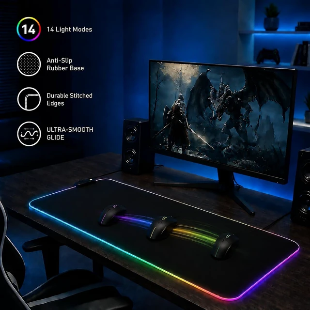 Alt view image 2 of 7 - RGB Gaming Mouse Pad 0.16 Inch Thickness 31.5 x 11.8 Large Mouse Pad for Desk 14 Light Modes Desk Mat Waterproof for PC Laptop Office Gaming Use