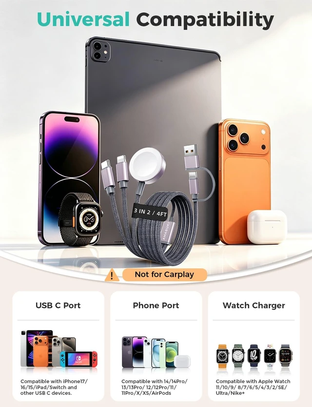 Alt view image 3 of 7 - 2026 Travel Essentials for Watch Charger Cruise Vacation Camping Essentials iPhone Charger Multi Charging Cable 3 in 2 Charging Docks for iWatch Series 12 11-2/Ultra iPhone 17-12 Car