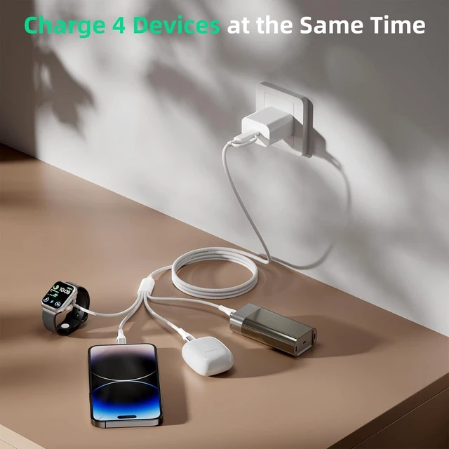 Alt view image 2 of 7 - 4-in-2 Multi Charging Cable with Smartwatch Charging White 4FT