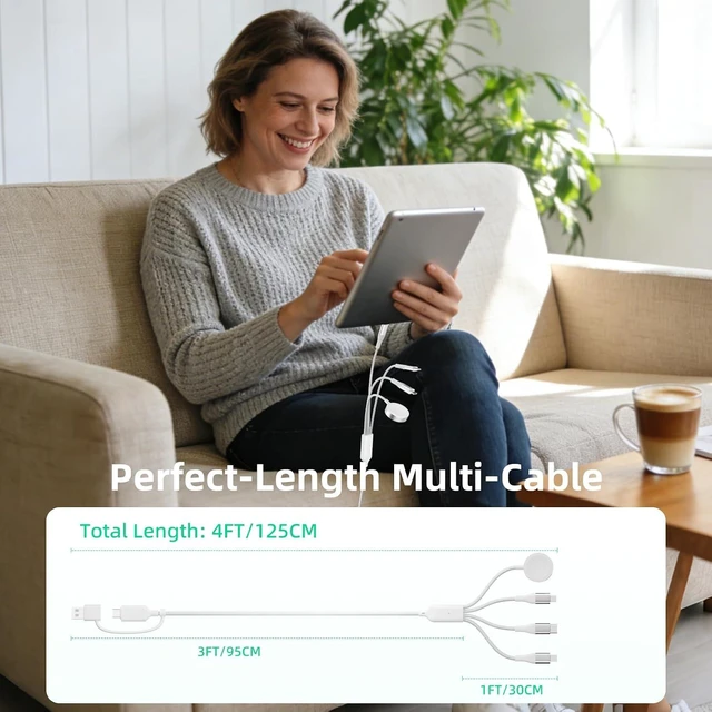 Alt view image 5 of 7 - 4-in-2 Multi Charging Cable with Smartwatch Charging White 4FT