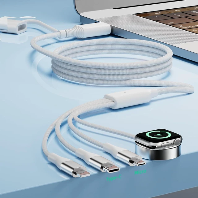 Alt view image 7 of 7 - 4-in-2 Multi Charging Cable with Smartwatch Charging White 4FT