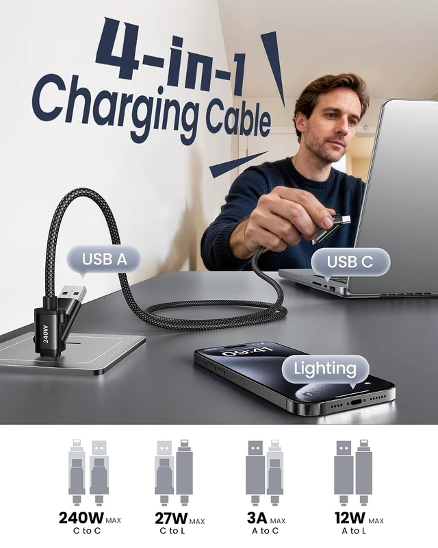 Alt view image 2 of 7 - 4 in 1 Multi Charging Cable 240W Fast Charging Cords 5FT Braided