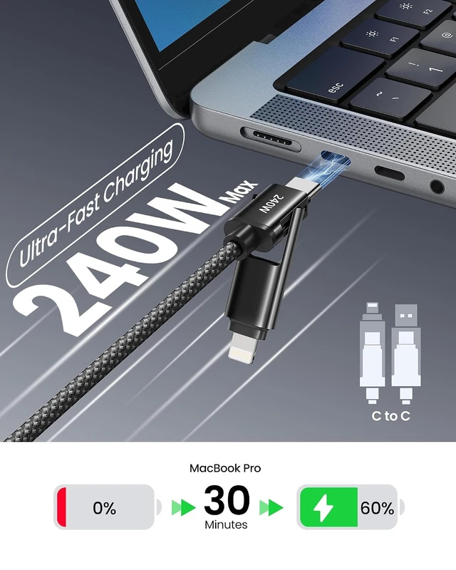 Alt view image 3 of 7 - 4 in 1 Multi Charging Cable 240W Fast Charging Cords 5FT Braided