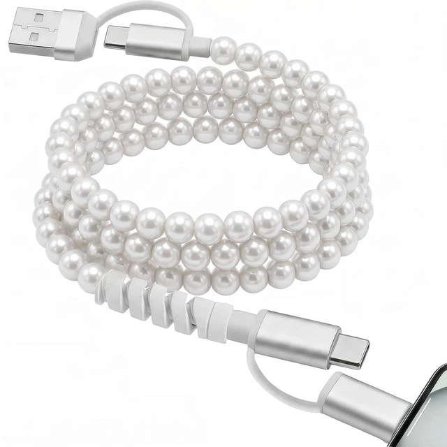 Main image of 4-in-1 Beaded Charging Cable MFi Certified Works with CarPlay 3.3FT 60W Fast Charger Cord for iPhone 17/16/15/14/13/12/11 iPad Android and More (Pure Pearl)