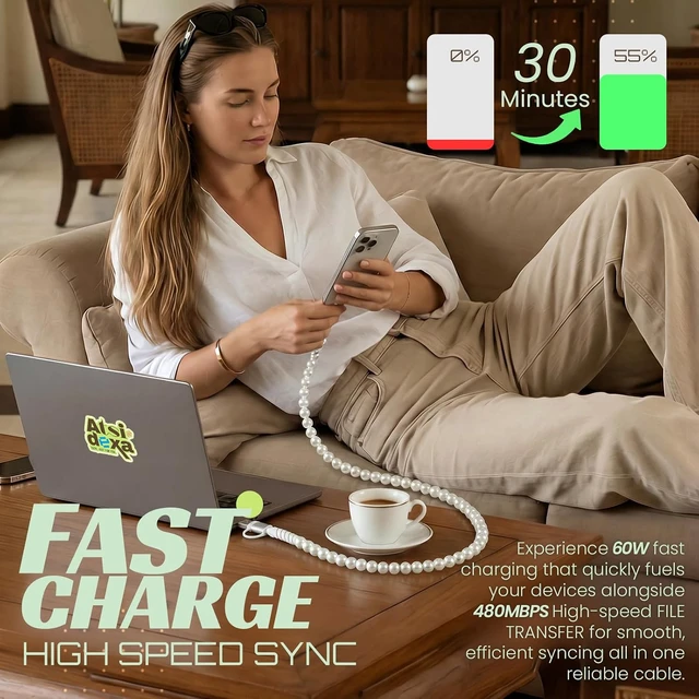 Alt view image 3 of 7 - 4-in-1 Beaded Charging Cable MFi Certified Works with CarPlay 3.3FT 60W Fast Charger Cord for iPhone 17/16/15/14/13/12/11 iPad Android and More (Pure Pearl)