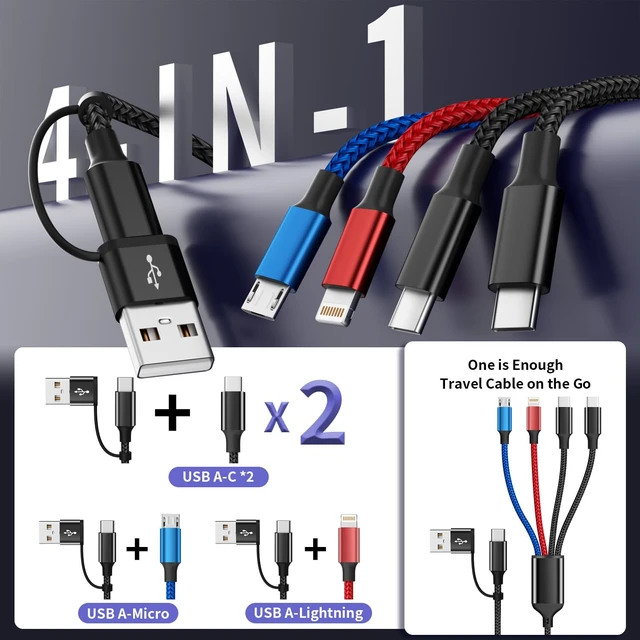 Alt view image 2 of 6 - 4 in 2 Multi Charging Cable USBA/C Charging Cords for Multiple Devices