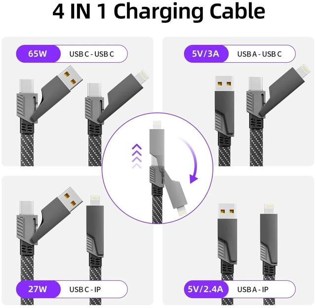 Alt view image 2 of 7 - 4 in 1 Charging Cable Fast Charging 65W with E-Mark Chip Carplay