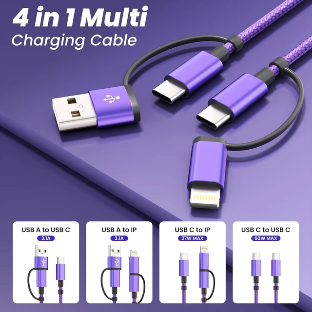 Alt view image 2 of 7 - 2 Pack 4 in 1 Multi Charging Cable 60W USB C Fast Charger Cord