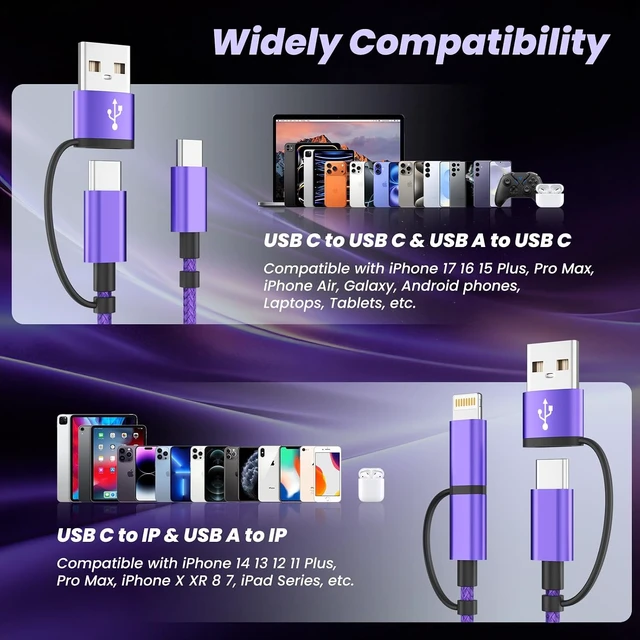Alt view image 3 of 7 - 2 Pack 4 in 1 Multi Charging Cable 60W USB C Fast Charger Cord