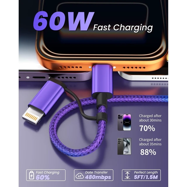 Alt view image 4 of 7 - 2 Pack 4 in 1 Multi Charging Cable 60W USB C Fast Charger Cord