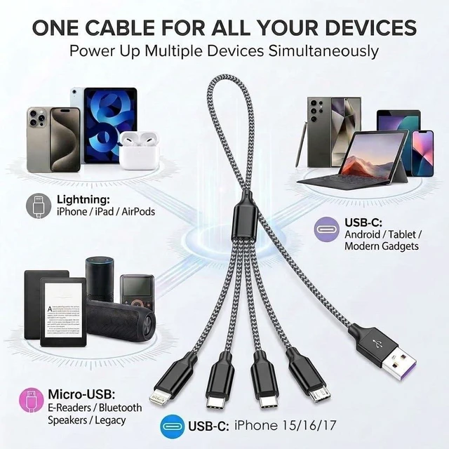 Alt view image 2 of 7 - 4 in 1 Multi Charging Cable 4ft 2 Pack Braided MFi Certified Charger Cable