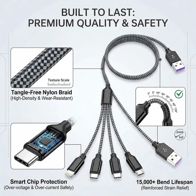 Alt view image 4 of 7 - 4 in 1 Multi Charging Cable 4ft 2 Pack Braided MFi Certified Charger Cable