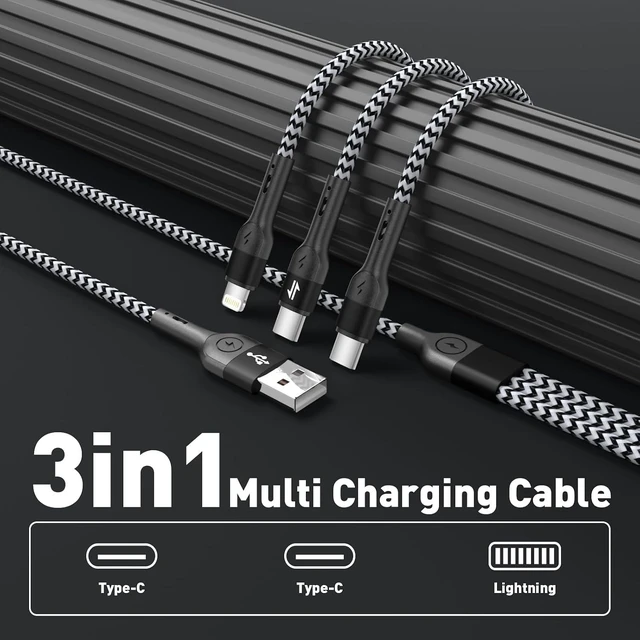 Alt view image 2 of 7 - 3 in 1 Multiple Charging Cable 2Pack 4Ft Multi Chargers Cord for All Devices Braided USB A to C A to Lightning/Type C Ports Universal Charger Cable for iPhone Series//Tablets/PS and More