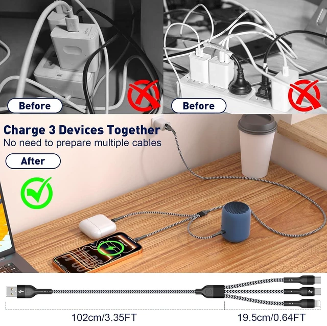 Alt view image 3 of 7 - 3 in 1 Multiple Charging Cable 2Pack 4Ft Multi Chargers Cord for All Devices Braided USB A to C A to Lightning/Type C Ports Universal Charger Cable for iPhone Series//Tablets/PS and More
