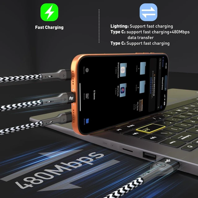 Alt view image 4 of 7 - 3 in 1 Multiple Charging Cable 2Pack 4Ft Multi Chargers Cord for All Devices Braided USB A to C A to Lightning/Type C Ports Universal Charger Cable for iPhone Series//Tablets/PS and More