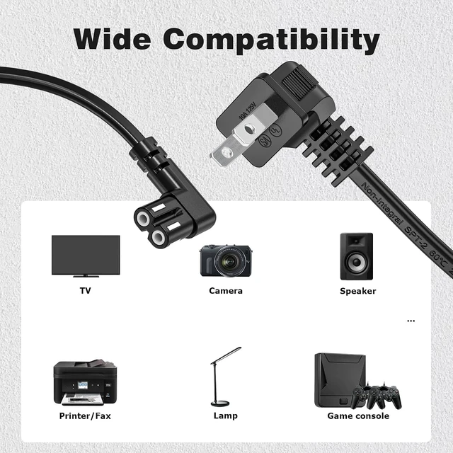 Alt view image 4 of 7 - TV Power Cord Compatible with TV UL Listed 6FT Right Angle C7 Replacement Power Cable Compatible with TCL Insignia Sharp Toshiba (18 AWG-Non Polarized)