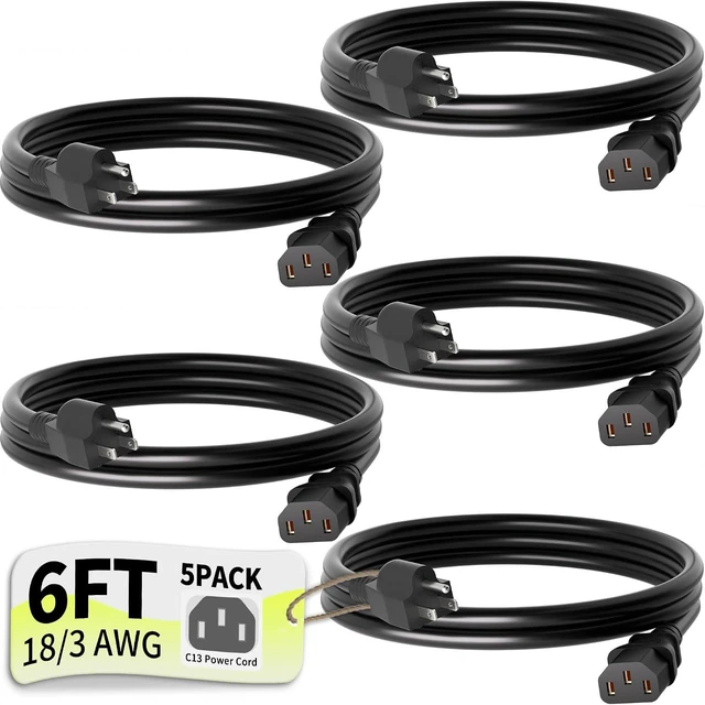 Main image of Universal 6ft 5 Pack Power Cord 3-Prong Pure Copper ETL Black